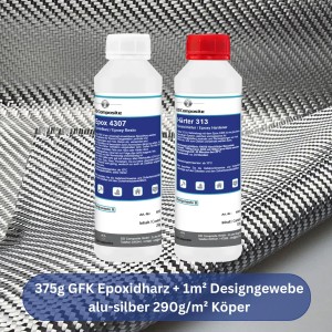 GFK Epoxidharz Set: 375g Harz, Härter und 1m² alu-silber Designgewebe Köper für Oberflächengestaltung.
