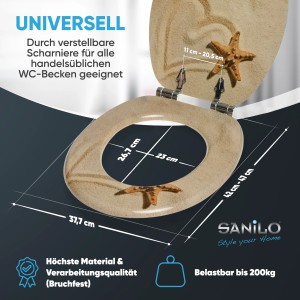 Sanilo WC-Sitz Sandy mit Absenkautomatik, Holz, Sand-Design mit Seesternen.
