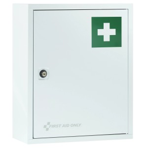 Weißer First Aid Only Medizinschrank mit 2 Fächern und grünem Kreuz.