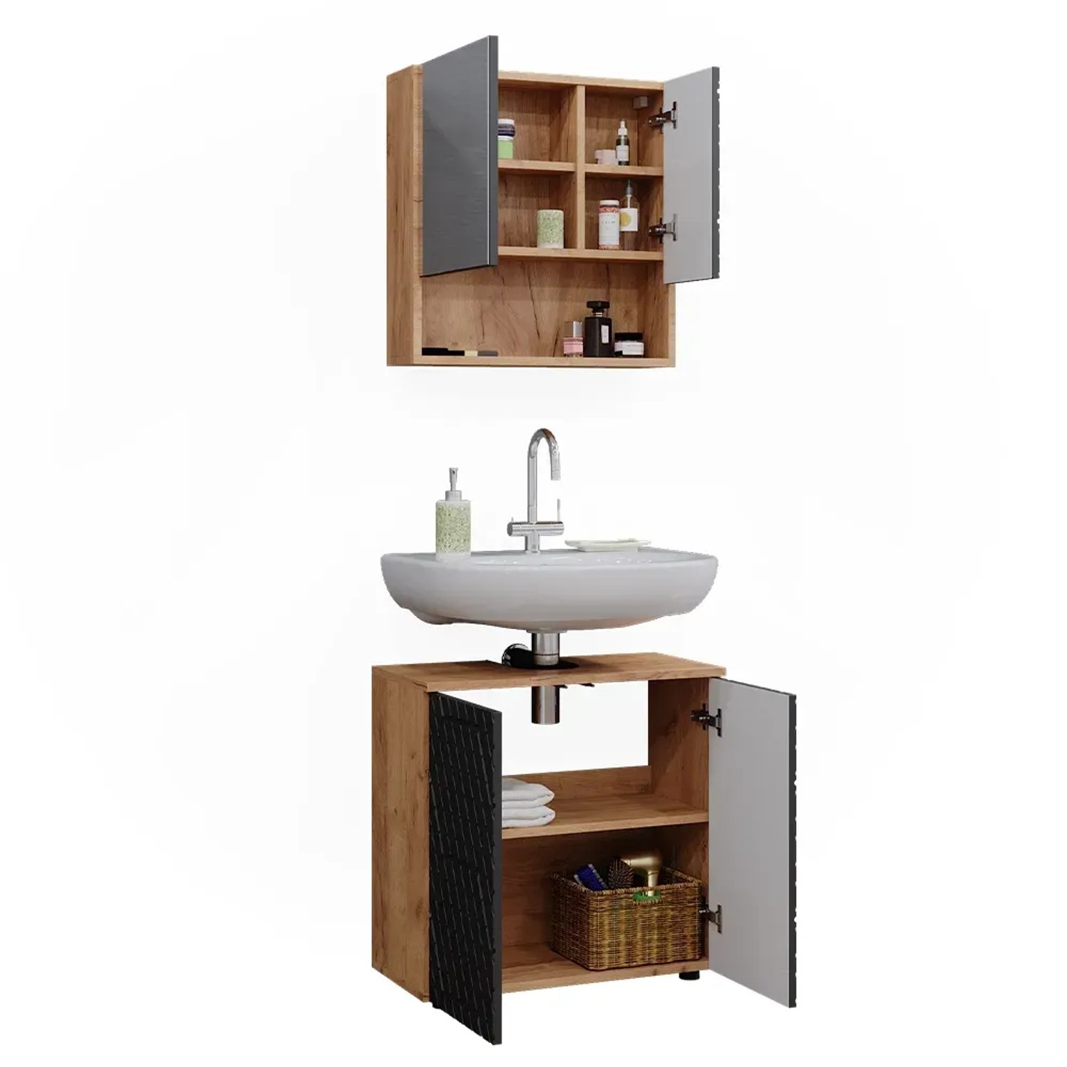 Vicco Badmöbel-Set Irma, 2-teilig, Eiche Goldkraft/Anthrazit mit Unterschrank (60cm) und Spiegelschrank.