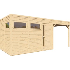 Bertilo Holz-Gartenhaus Cubus 3 Lounge aus FSC®-zertifiziertem Holz mit Fenstern und Überdachung.