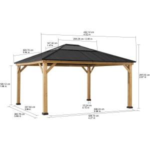 Sunjoy Gazebo Ernir, Zedernholz, 393x452cm, Anthrazit, mit Maßangaben.