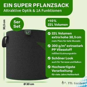 TTL GARDEN Pflanzsack 22L, 5er Set, aus Filz. Stofftopf Ø30cm für Gemüse & Kräuter.