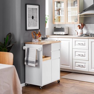 Weißer SoBuy Küchenwagen FKW123-WN mit Holzplatte, Schubladen, Türen und Rollen.