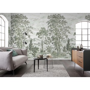 Komar Fototapete Forest Fairy (200x250 cm) mit Waldlandschaft im Wohnraum.