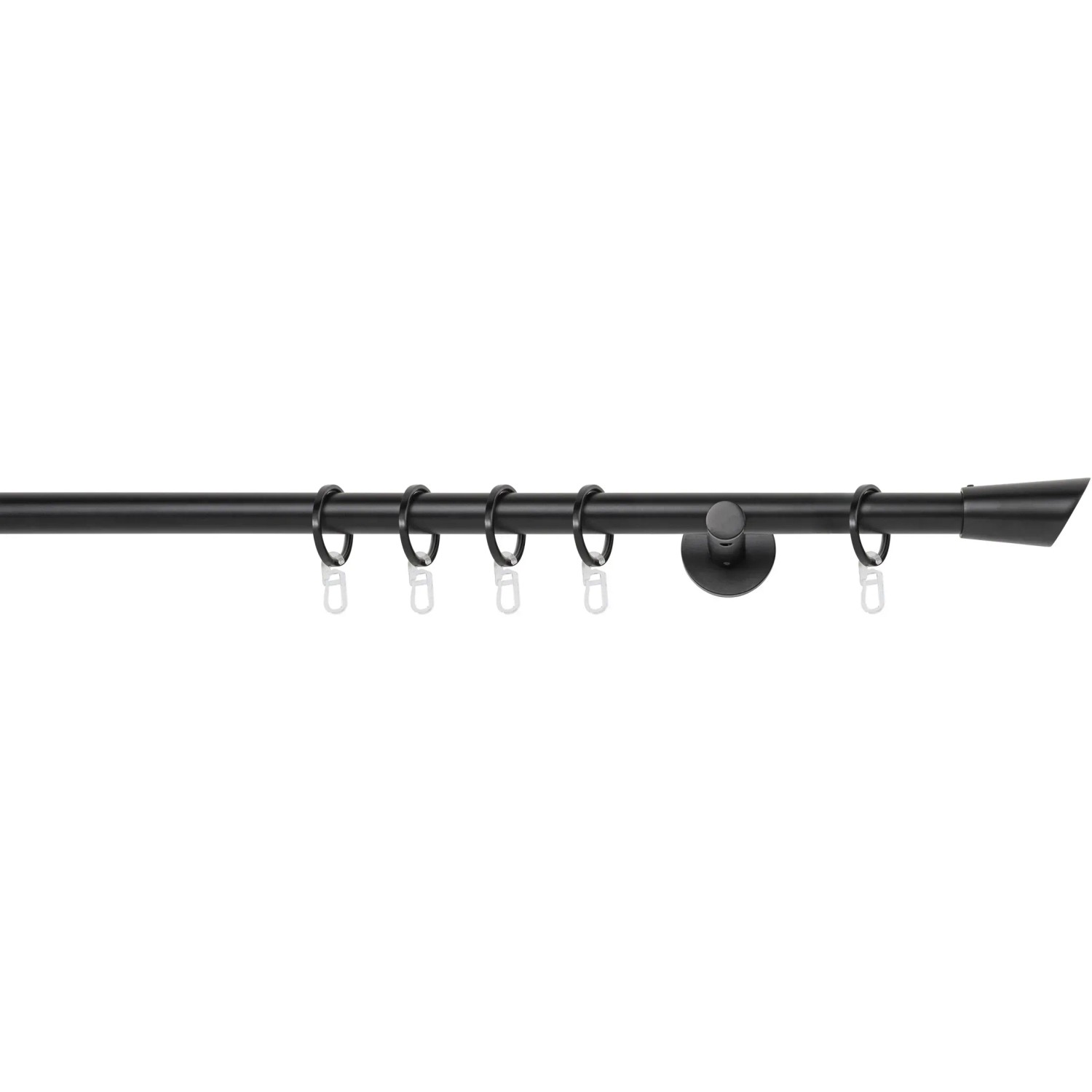 Schwarze Mydeco Gardinenstange mit Endstück Rag, Ø 2 cm, 110 cm lang, inklusive Ringe und Träger.