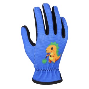 Blauer W+R Industry Kinderhandschuh Größe 6 mit Dino-Motiv für Gartenarbeit.