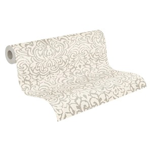 Barock Tapete in Beige und Creme mit Ornamenten, matte Textiloptik.