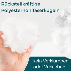 Weiße Sensalux Kissenfüllung (1 kg) aus Polyester-Hohlfaserkugeln in der Hand.