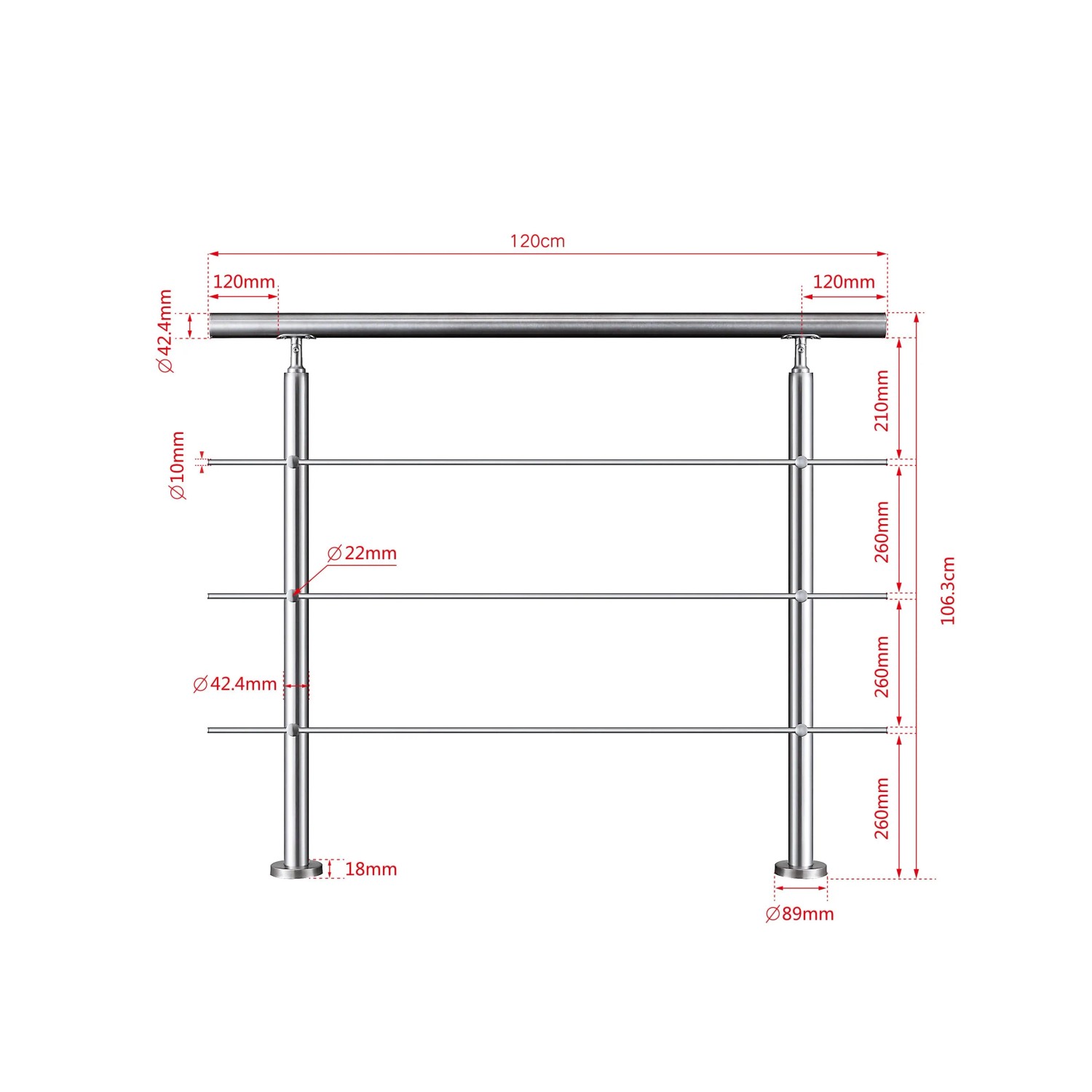 Duschparadies Geländer Edelstahl V2A 120 cm mit 3 Querstäben Komplettset_2
