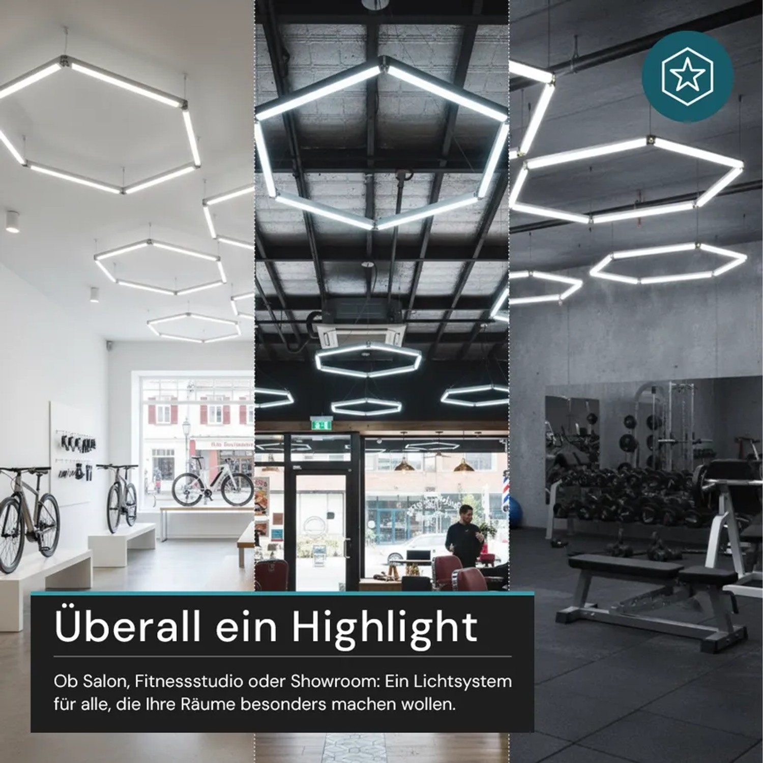 Modulare LUXULA LED Deckenleuchte in Sechseck-Form, ideal für Werkstatt, Garage oder Gaming-Zimmer.