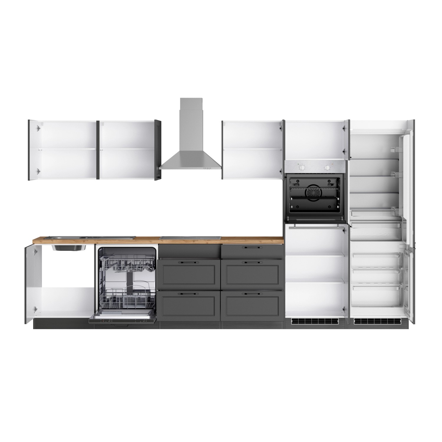 Moderne graue Küchenzeile Kempten 360 cm mit E-Geräten: Herd, Ofen, Spüler, Kühl-Gefrierkombi, Dunstabzugshaube.
