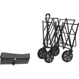 Faltbarer, grauer Bollerwagen mit Dach, zusammengeklappt für Transport und Lagerung.