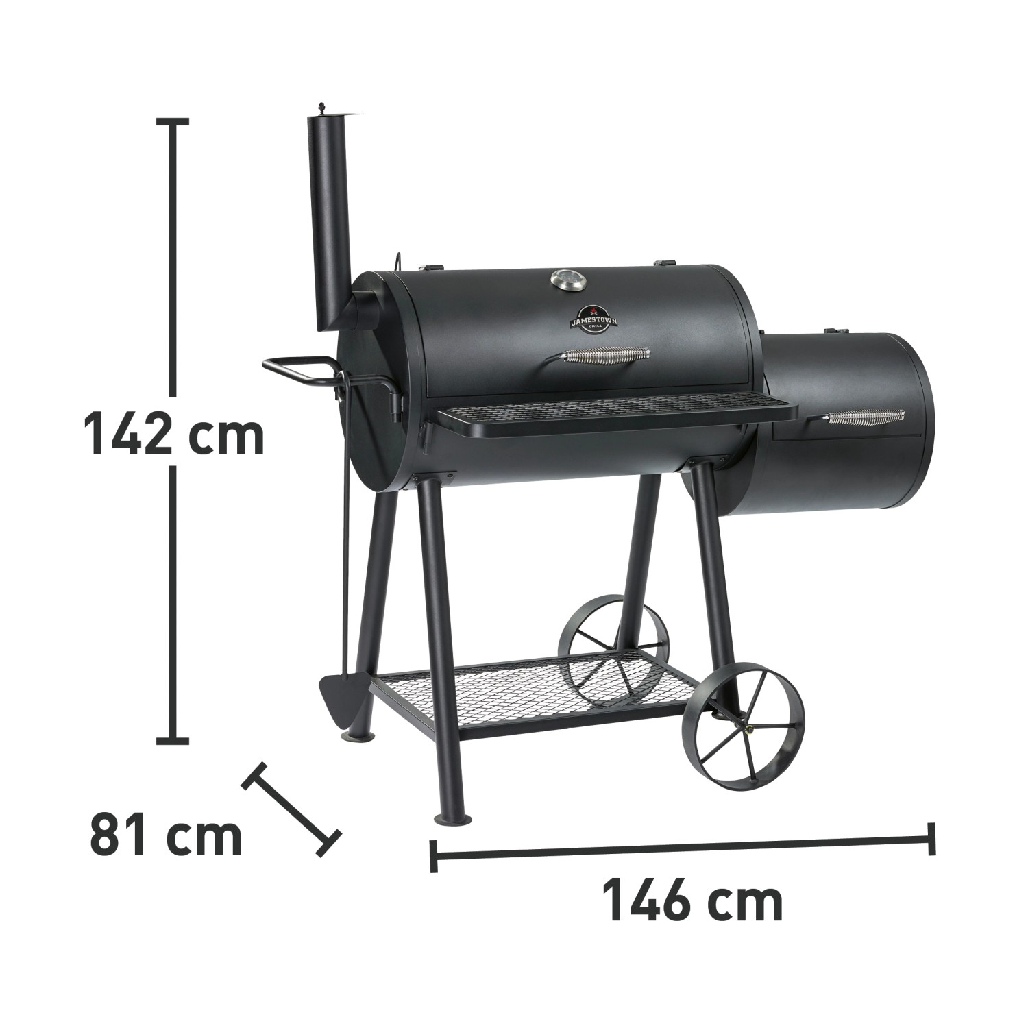 Schwarzer Jamestown Smoker Charlton Holzkohlegrill mit Maßen 142x146x81 cm.