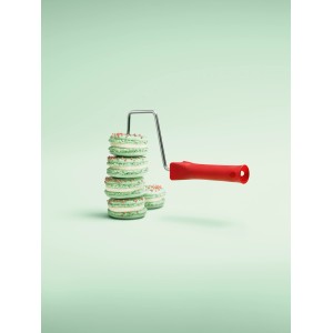 Schöner Wohnen Trendfarbe Macaron: Farbtöne mit Farbroller und Macarons dargestellt.