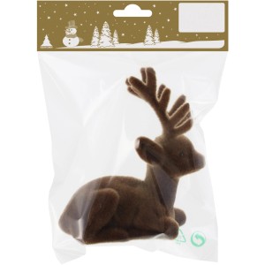 Liegende, braune Hirschfigur (10 cm) aus beflocktem Kunststoff im Beutel. Weihnachtsdekoration.
