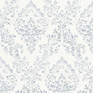 Barock Tapete in Silber und Weiß mit schimmernden Ornamenten. Dekorative Wandgestaltung.