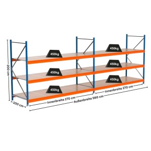 PROREGAL Weitspannregal MAXIMUS PRO, blau/orange, 200x550x100cm, mit 3 Spanplatten-Fachböden, Fachlast 450kg.