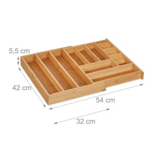 Ausziehbarer Relaxdays Besteckkasten aus Bambus und MDF, naturfarben, mit Fächern für Ordnung in der Schublade.