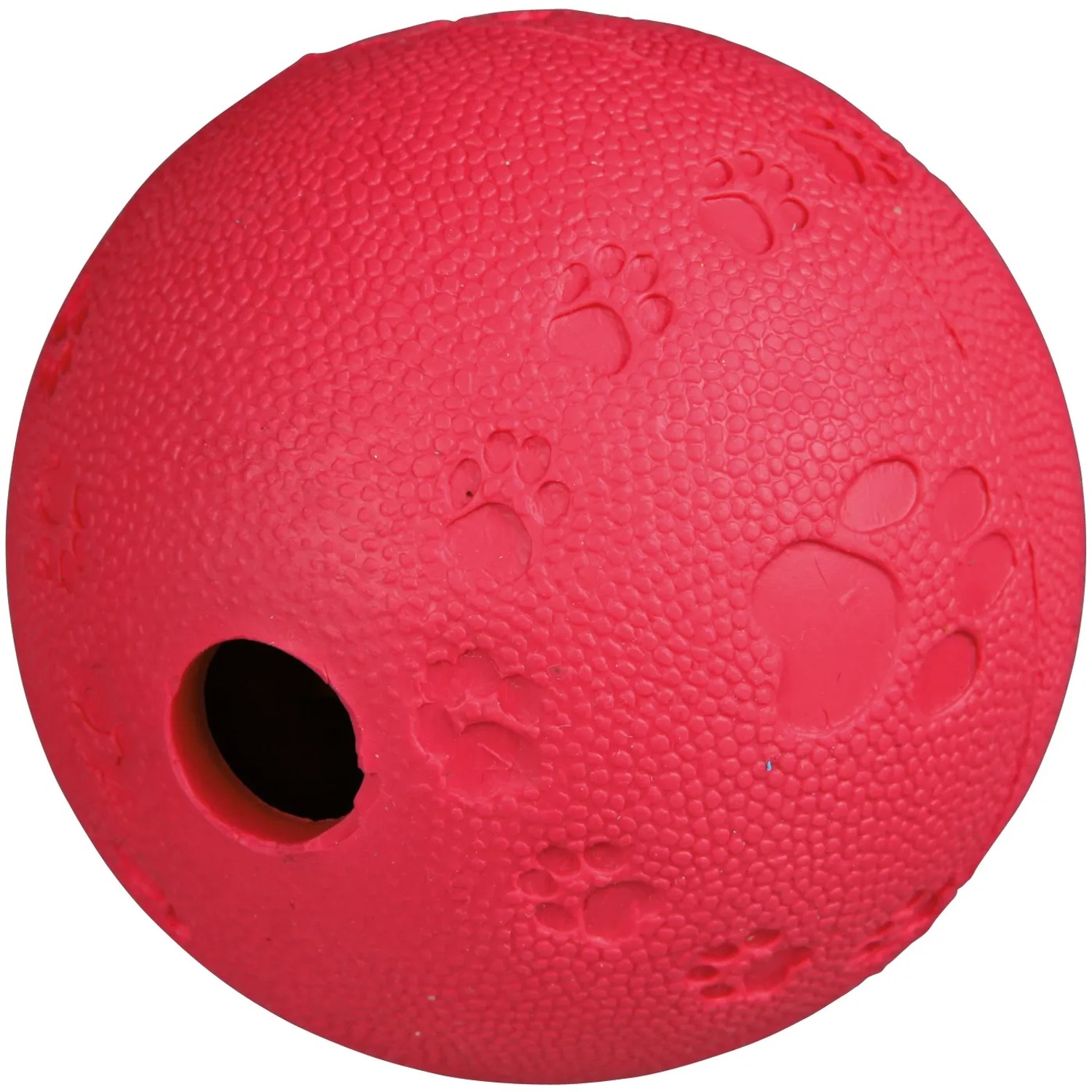 Roter Jollypaw Snackball aus Naturgummi, mit Pfotenabdruck und Loch für Leckerlis.