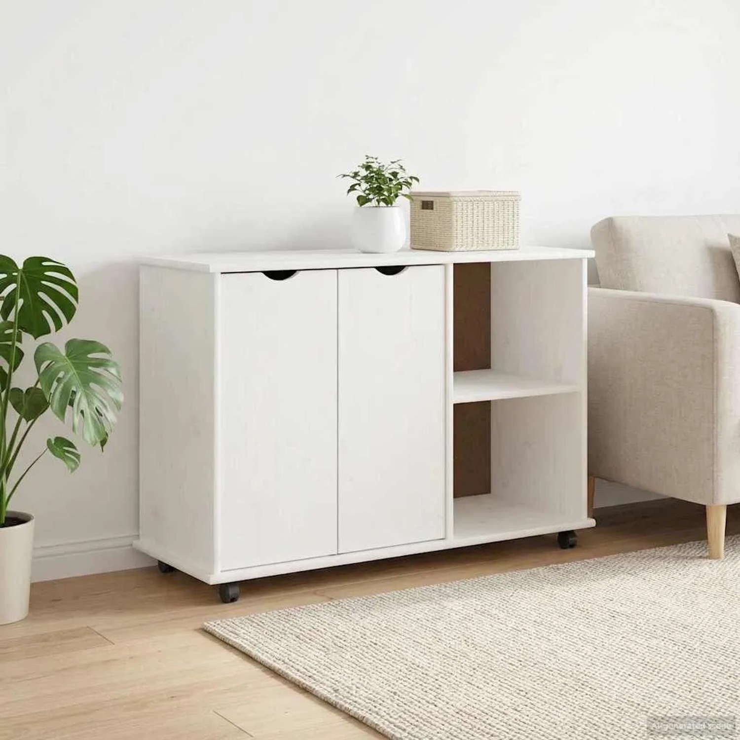 Weißer vidaXL Rollschrank aus Kiefernholz mit 2 Türen und Regalfächern. Wohnzimmerschrank auf Rollen.