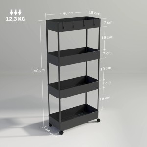 Schwarzer HOMCOM Küchenwagen mit 4 Ebenen, Stahl und Kunststoff, 40x19x90cm. Bürocontainer.