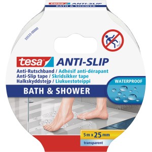 Tesa Anti-Rutschband für Bad und Dusche, transparent, 5 m x 25 mm.