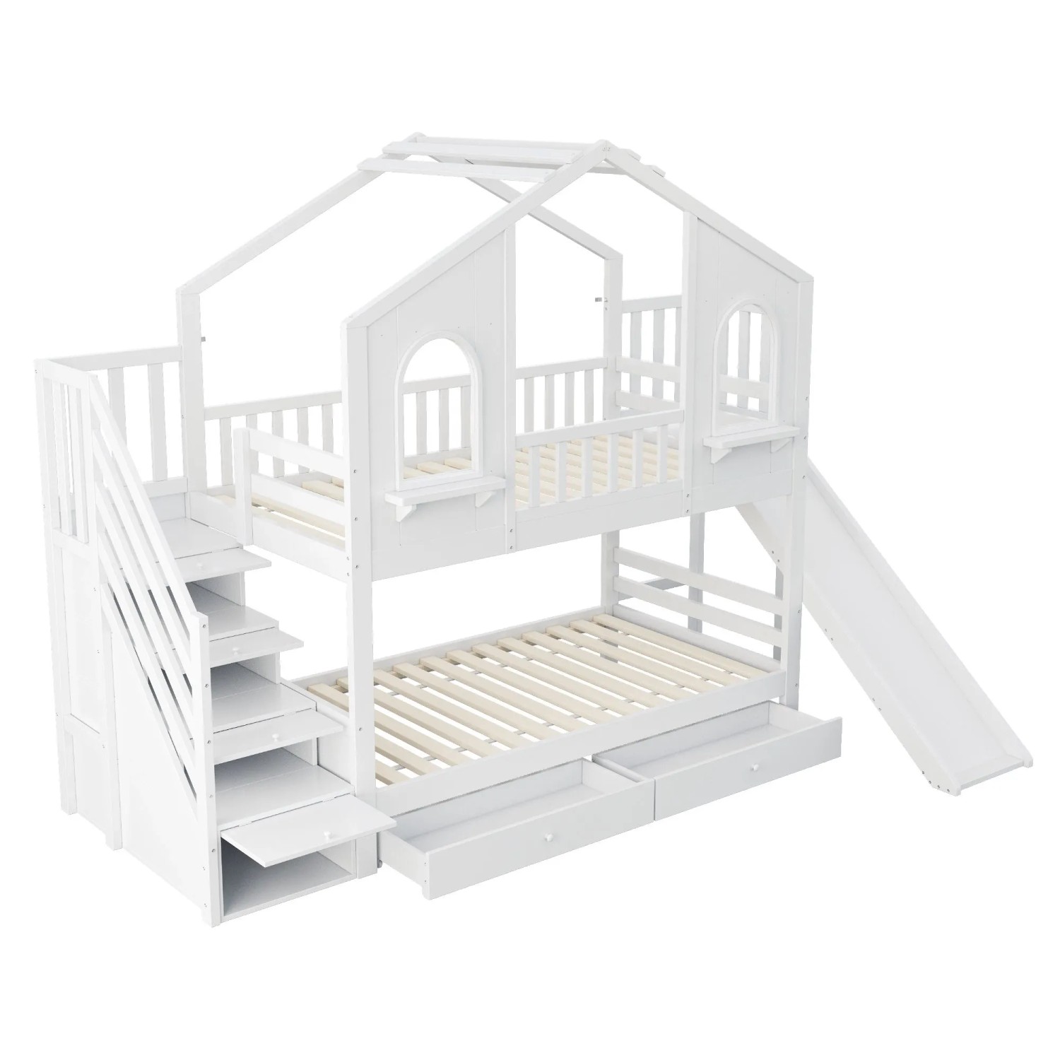 okwish Etagenbett 90x200cm mit Rutsche und Stauraumleiter Kinderzimmer Weiß ohne Matratze