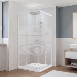 Breuer Eckeinstieg Malta mit Schiebetür, 180x90 cm, Weiß, teilgerahmte Duschkabine mit horizontalen Streifen.