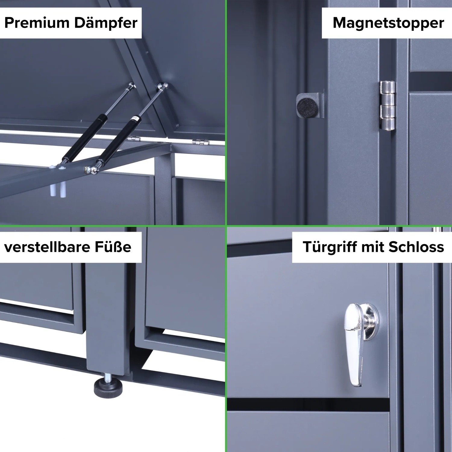Albatros Mülltonnenbox Anthrazit: Details wie Dämpfer, Magnetstopper, Füße und Türgriff im Überblick.