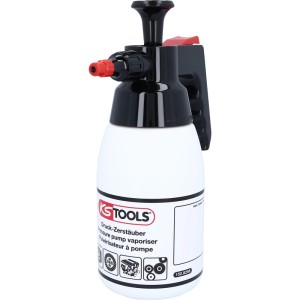 Weiße KS TOOLS Pumpsprühflasche 1 L für Bremsenreiniger und Reinigungsmittel, mit schwarzem Pumpkopf und roter Düse.
