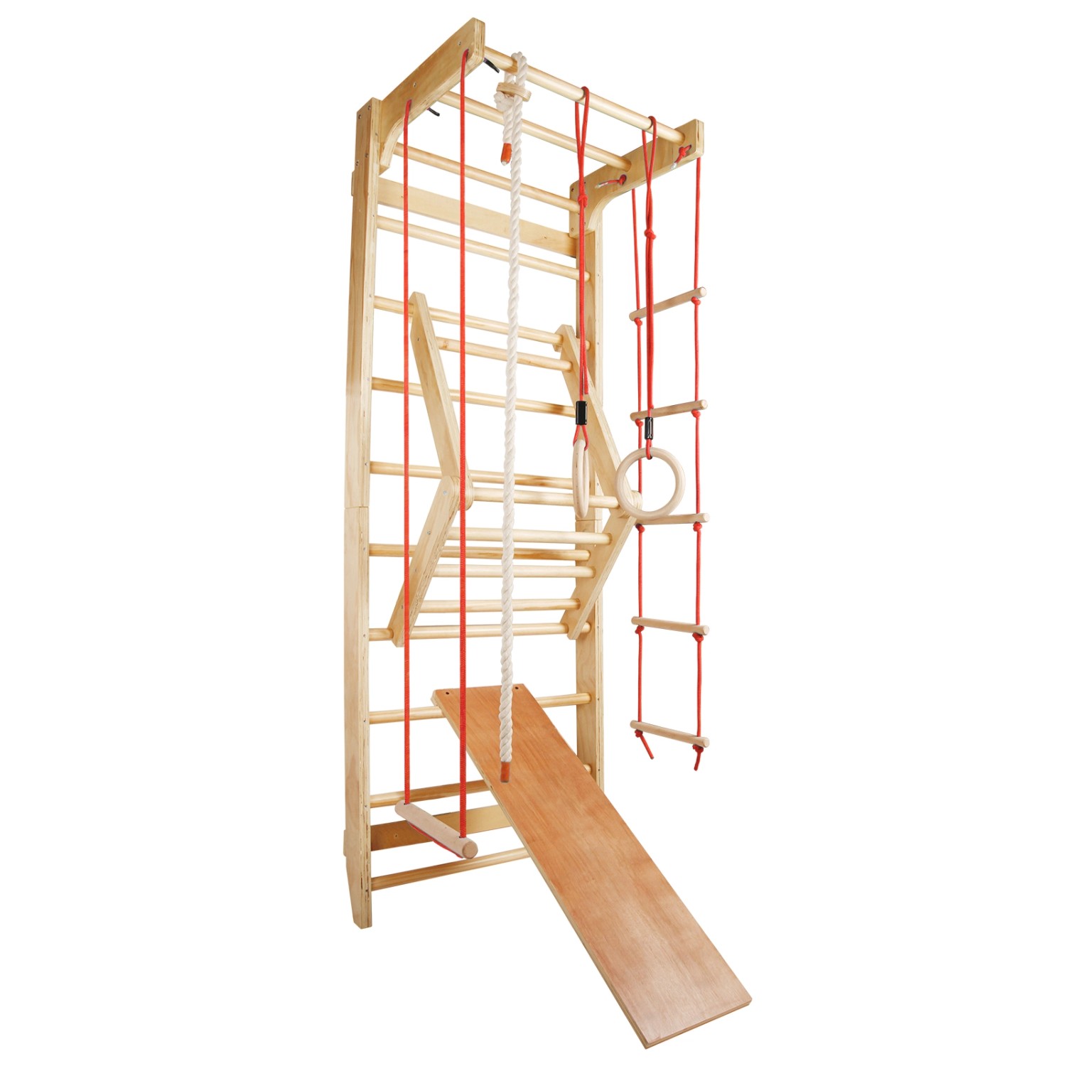 CCLIFE Sprossenwand Turnwand Gym Klettergerüst Holz Sportgerät mit Stange Fitness Kinder Erwachsene Rot