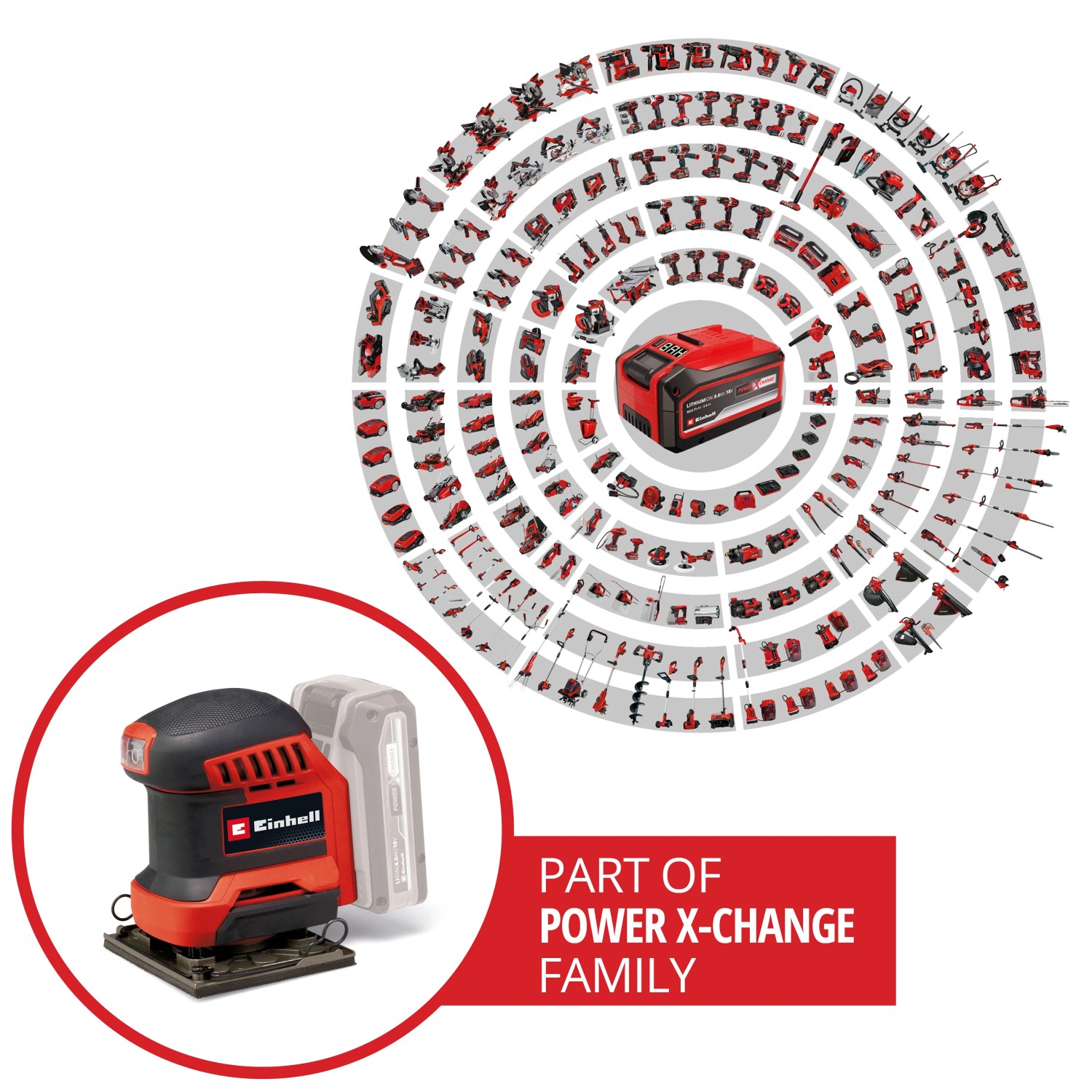 Einhell Akku-Faustschleifer TE-OS 18/113 Li-Solo mit Akku, Teil der Power X-Change Familie.