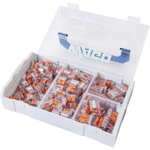 Wago Verbindungsklemmen Set L-BOXX Mini 887-959 mit verschiedenen Klemmen in einem transparenten Koffer.