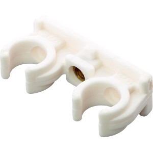 Doppelter, weißer Rohrclip Ø 15 mm aus Kunststoff mit M6-Gewinde für zwei Rohre.