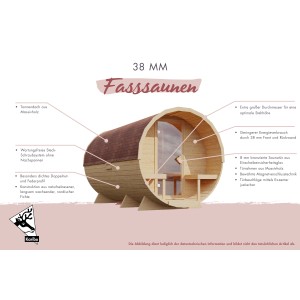 Karibu Fass-Sauna 2, naturbelassen. Gartensauna aus Fichte mit Fronteinstieg und robustem Tonnendach.
