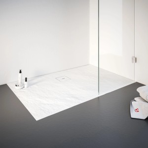 Rechteckige Schulte Duschwanne ExpressPlus 140x100 cm in Alpinweiß mit Steinoptik und Ablaufabdeckung.
