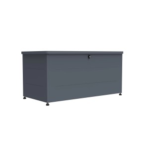 Anthrazitfarbene FM-SOLAR Auflagenbox 460L, Kissenbox, Gartenbox 135x66x67cm.
