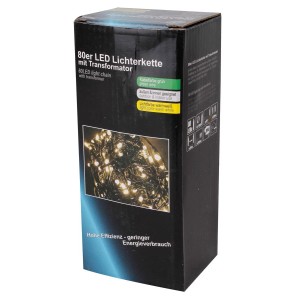 Verpackung der Lex 80er LED Lichterkette mit warmweißen LEDs und grünem Kabel für Außen & Innen.