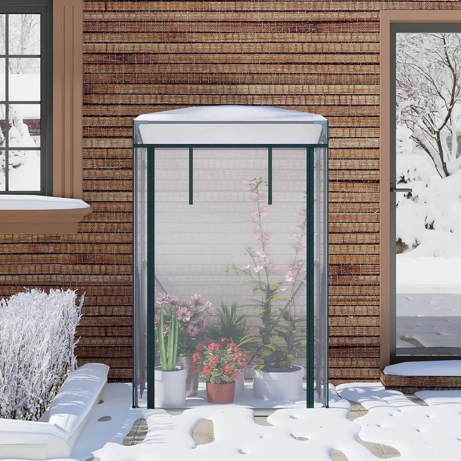 Transparentes WOLTU Foliengewächshaus mit Pflanzen im Wintergarten.
