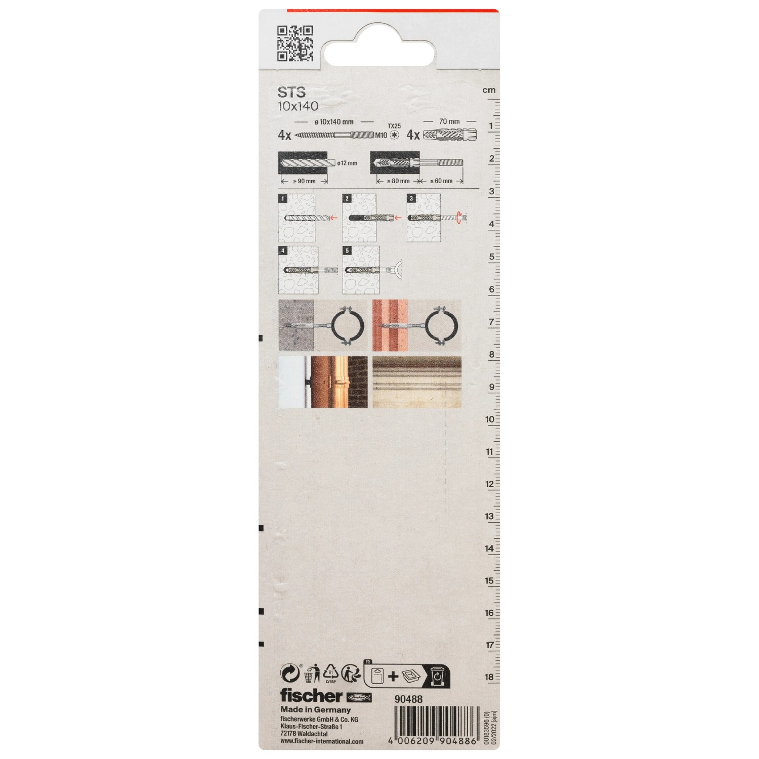 Fischer Universaldübel UX mit Stockschraube STS 10x140mm, 4er-Set. Universaldübel für verschiedene Baustoffe.
