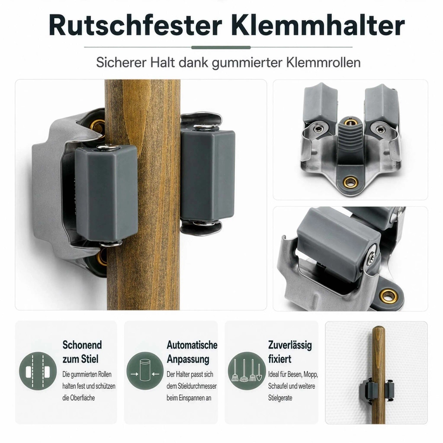 Wiltec Stahl Klemmhalter mit gummierten Rollen hält Besenstiel sicher an der Wand. Rutschfester Wandhalter für Werkzeuge.