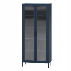 Dunkelblaue JAN NOWAK Vitrine ANGELO mit Glastüren, 185x80x45 cm, für Wohnzimmer.