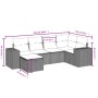 Hellgraue 6-tlg. vidaXL Garten-Sofagarnitur aus Polyrattan mit Kissen, Maße eingezeichnet.
