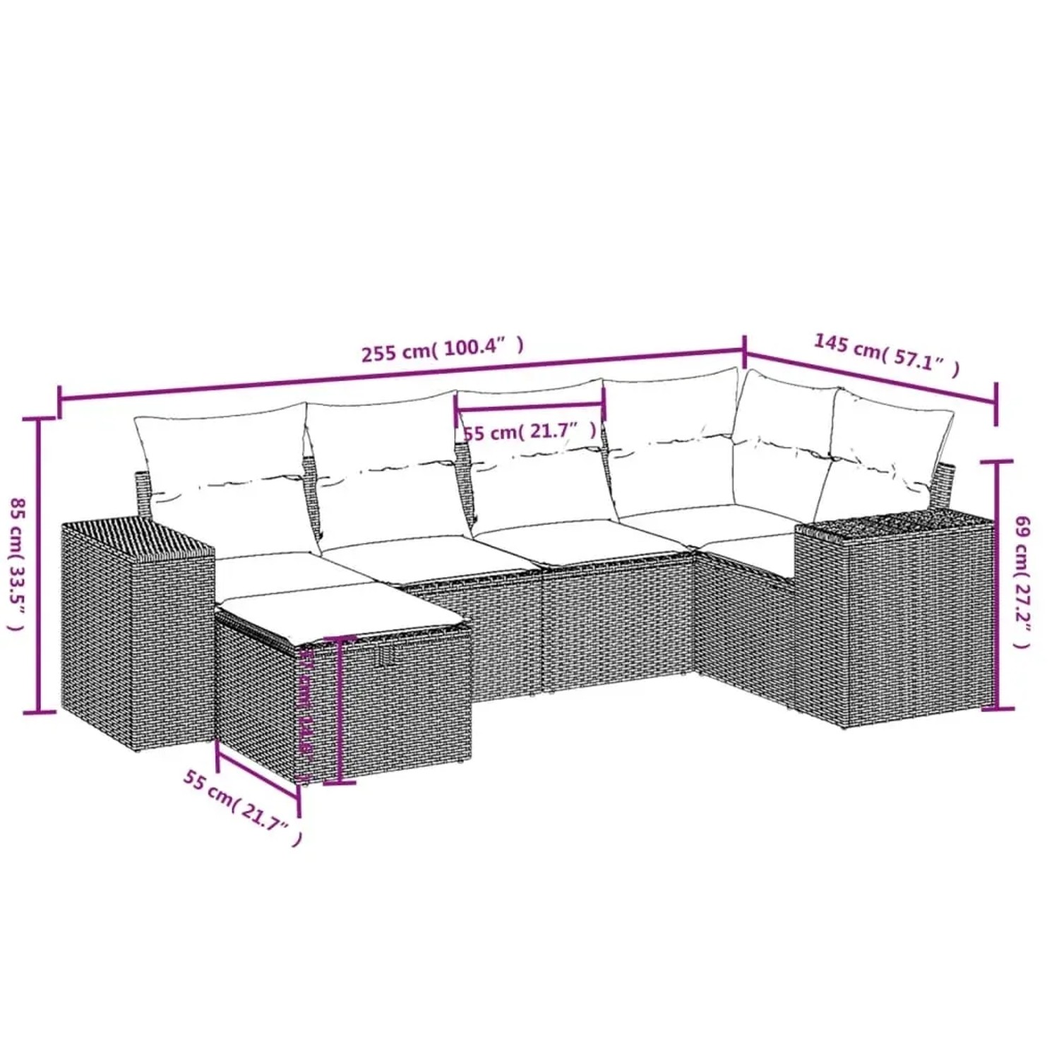 Hellgraue 6-tlg. vidaXL Garten-Sofagarnitur aus Polyrattan mit Kissen, Maße eingezeichnet.