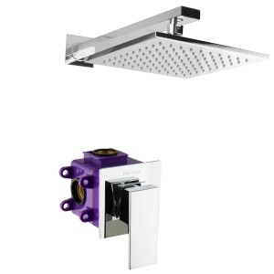 PaulGurkes Unterputz Duschsystem mit eckiger Regendusche und Armatur in Chrom.