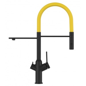 VIZIO 3-Wege Küchenarmatur in Schwarz/Gelb mit schwenkbarem Auslauf und Handbrause.