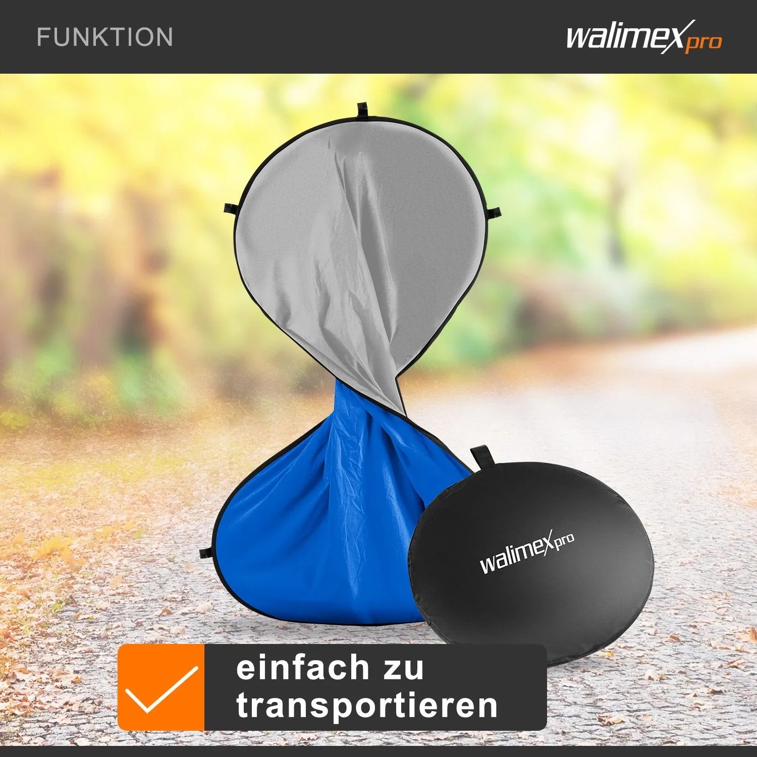 Walimex Pro 2-in-1 Fotohintergrund, blau/grau, aufgestellt mit schwarzer Tragetasche im Freien.
