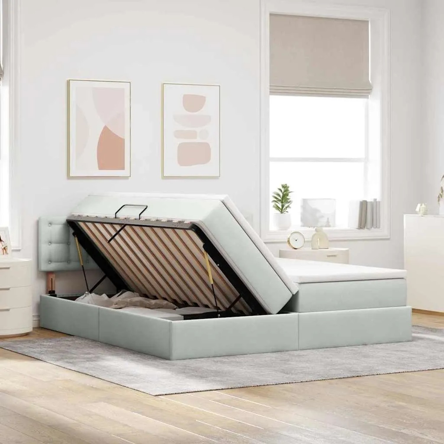 Hellgraues Samtbett 200x200 mit LED-Leisten und Stauraum