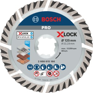 Bosch X-Lock Diamanttrennscheibe 125 mm für Winkelschleifer. Silberne Scheibe mit segmentiertem Rand schneidet Baumaterial.